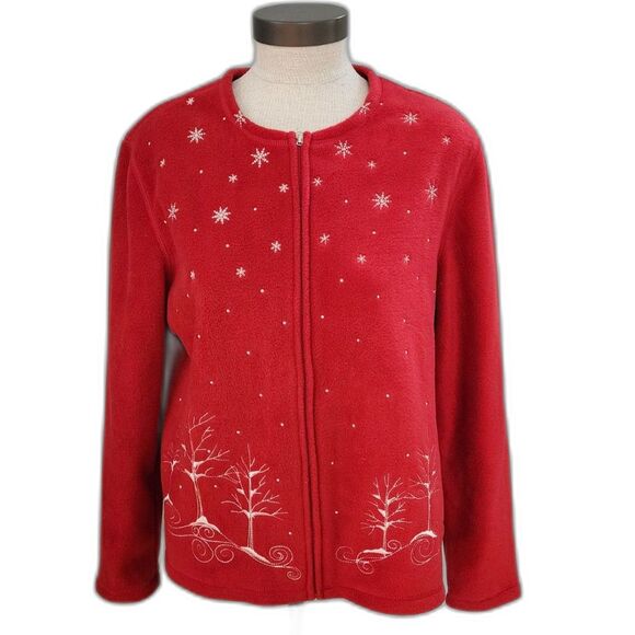 Croft & Barrow Red Winter Scene Zipper Fleece Jacket Top Size M - Picture 10 of 10